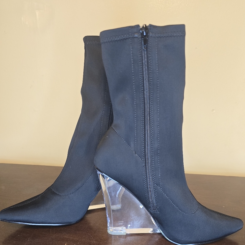 Truffle Collection Black Ankle Sock Bootie W/ Clear Wedge